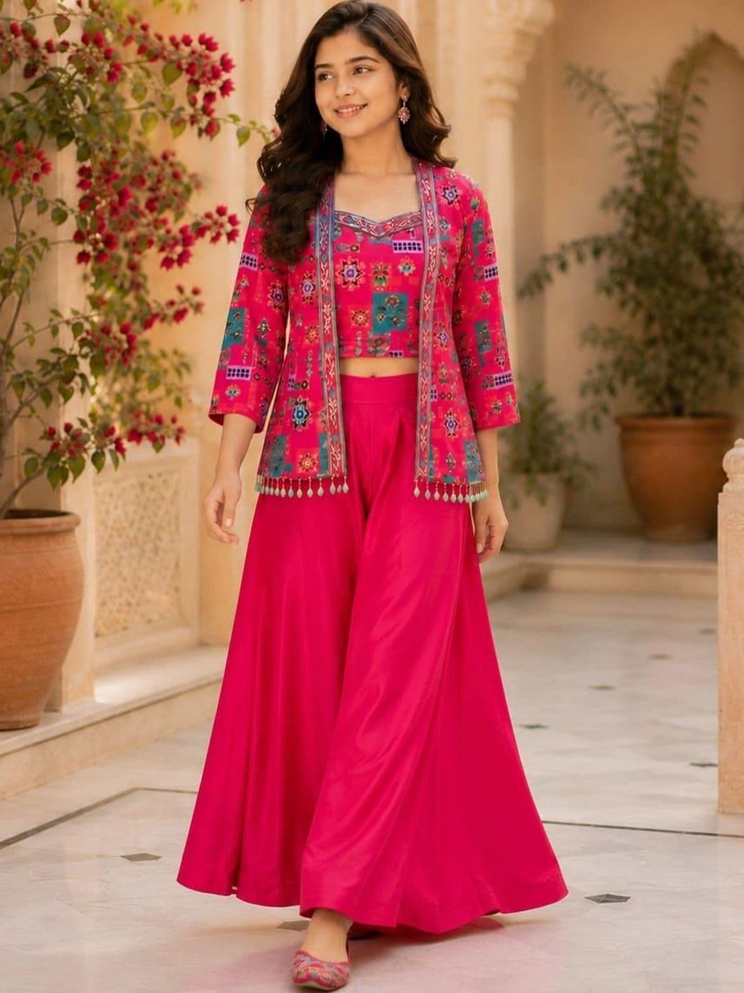 HERE&NOW Printed Square Neck Crop Top With Palazzos & Jacket - view 1