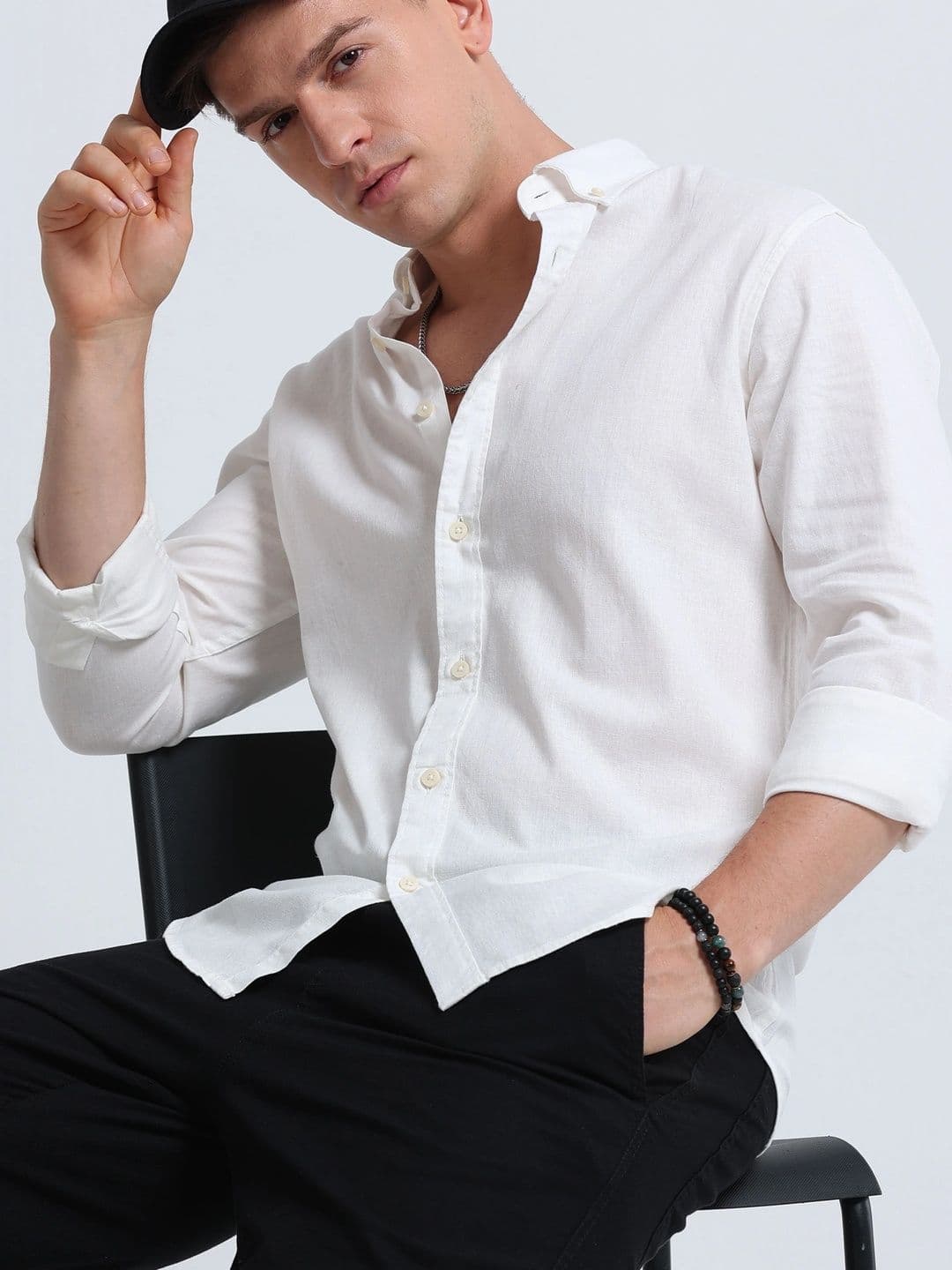 Blu MNKY Slim Fit Long Sleeves White Casual Cotton Linen Shirt for Men - view 1