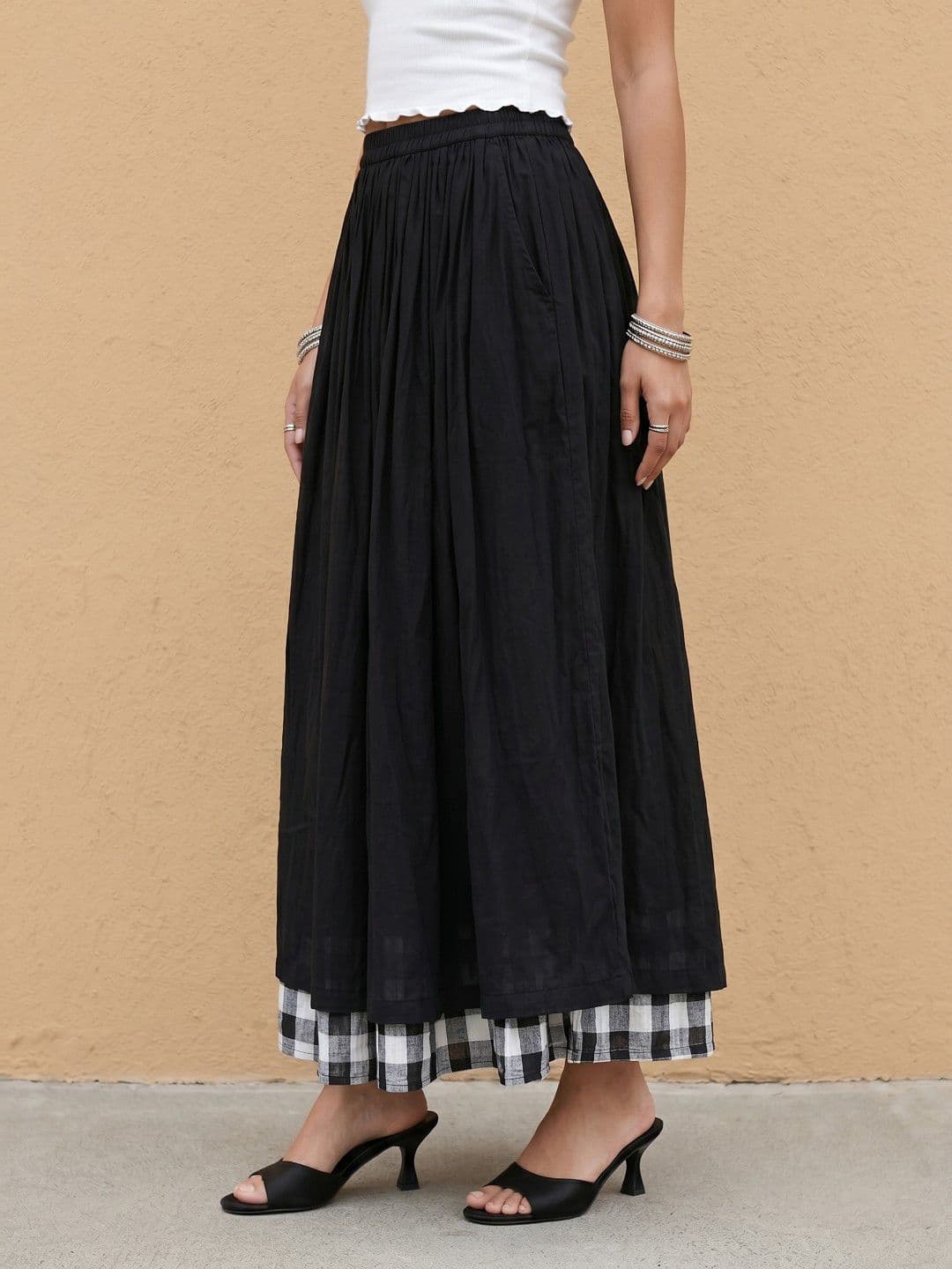 fusion by glitchez Women Pure Cotton Checked Midi Flared Skirt - view 1