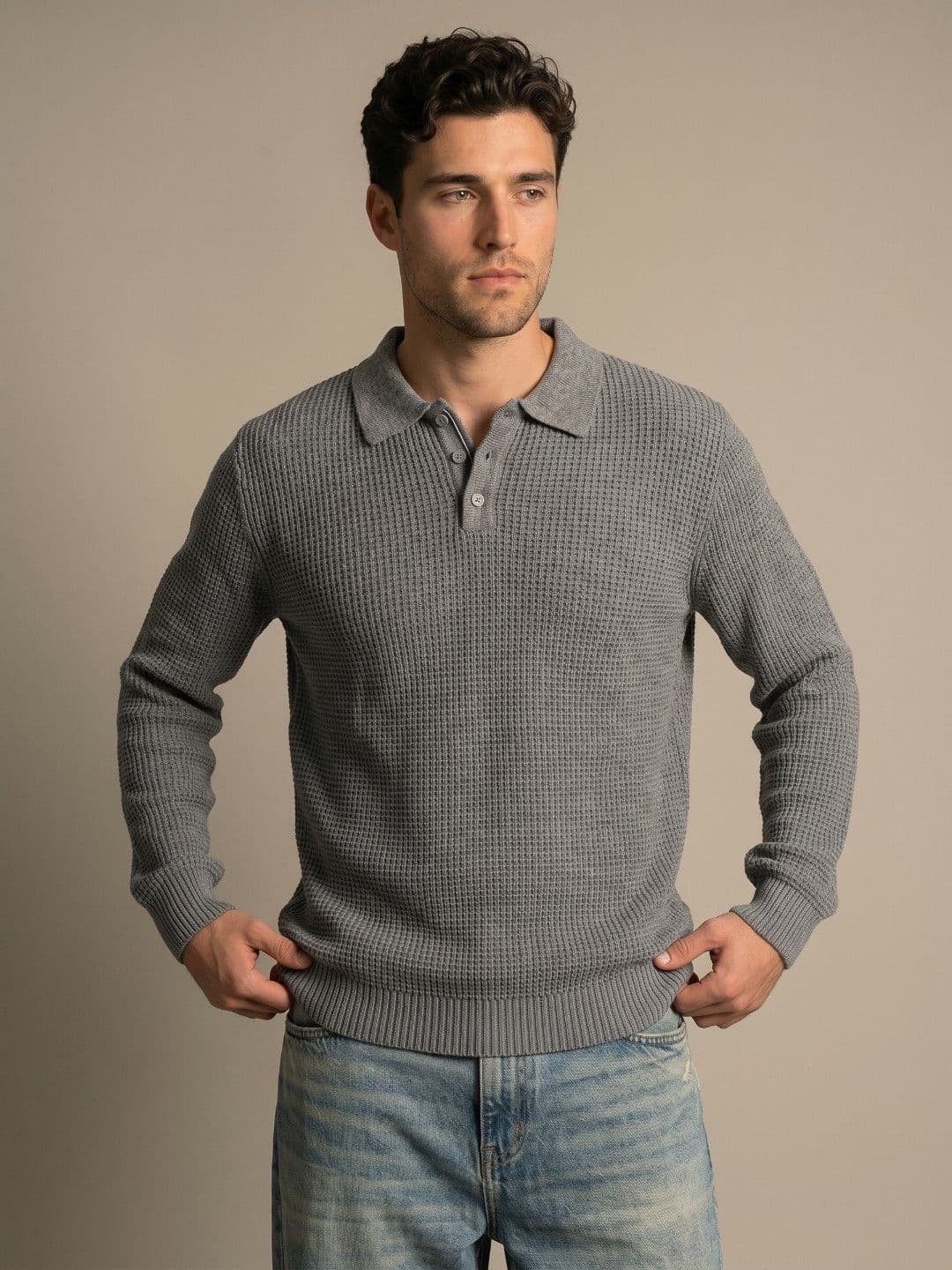 glitchez Shirt Collar Ribbed Pure Acrylic Pullover - view 1