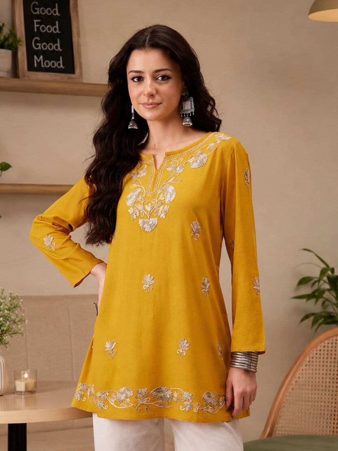 QAZMI Zayesha Kashmiri Aari Work Viscose Rayon A-Line Flared Kurti - view 1
