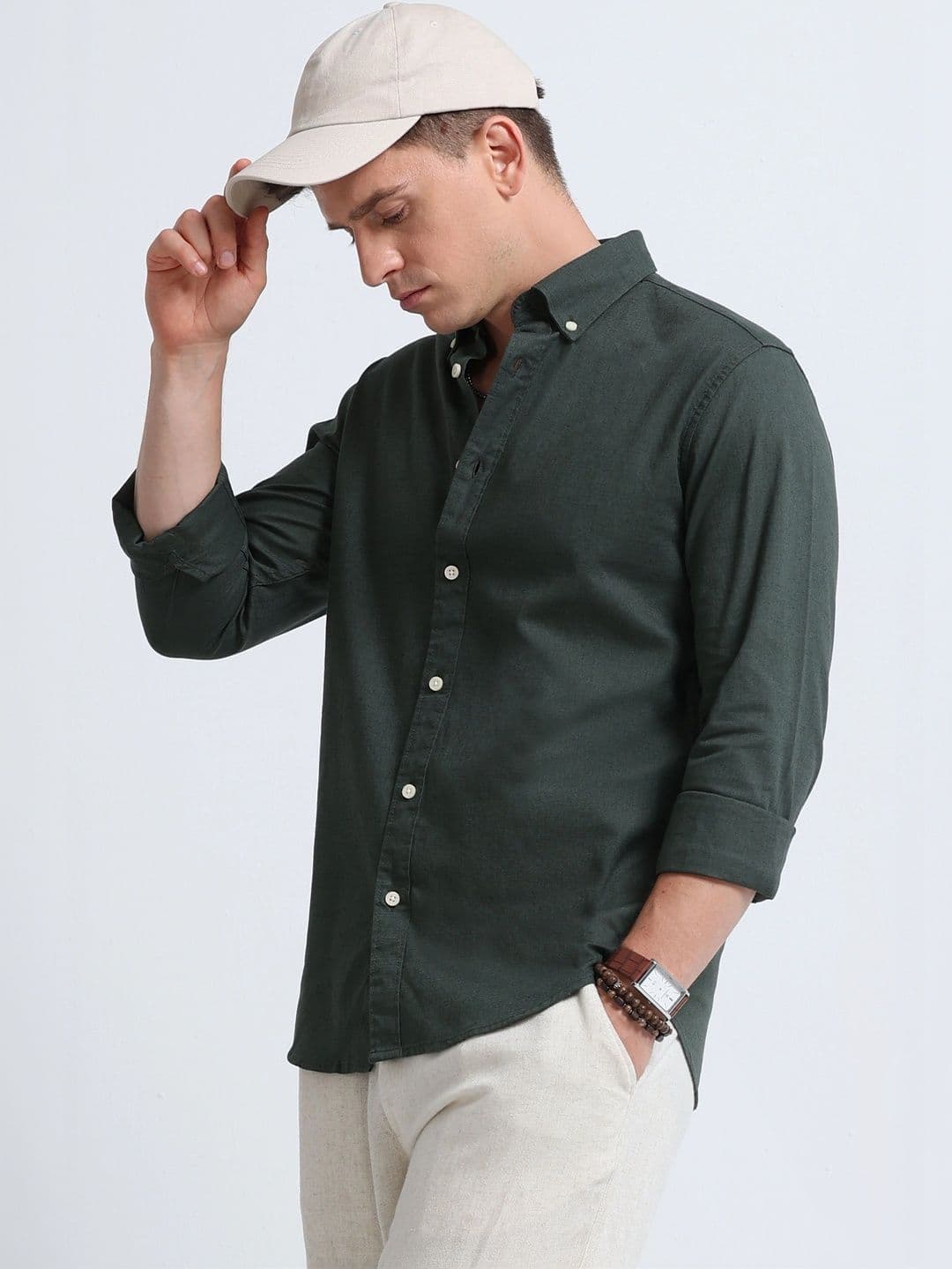 Blu MNKY Slim Fit Long Sleeves Green Casual Cotton Linen Shirt for Men - view 1