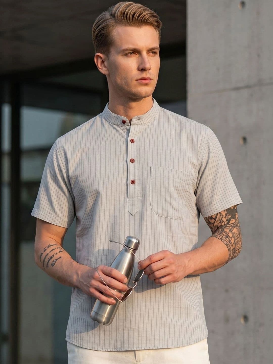 Hancock Men Striped Band Collar Summer Sheers Kurta - view 1