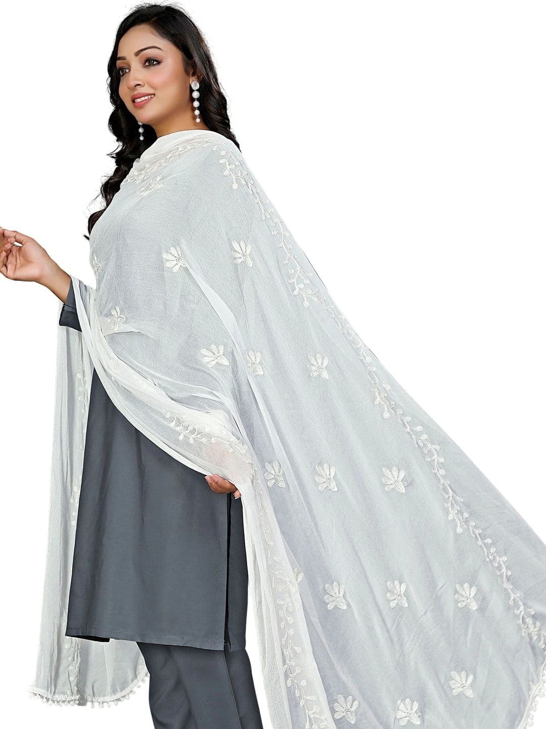 Cloric Fashion Embroidered Dupatta with Chikankari - view 1