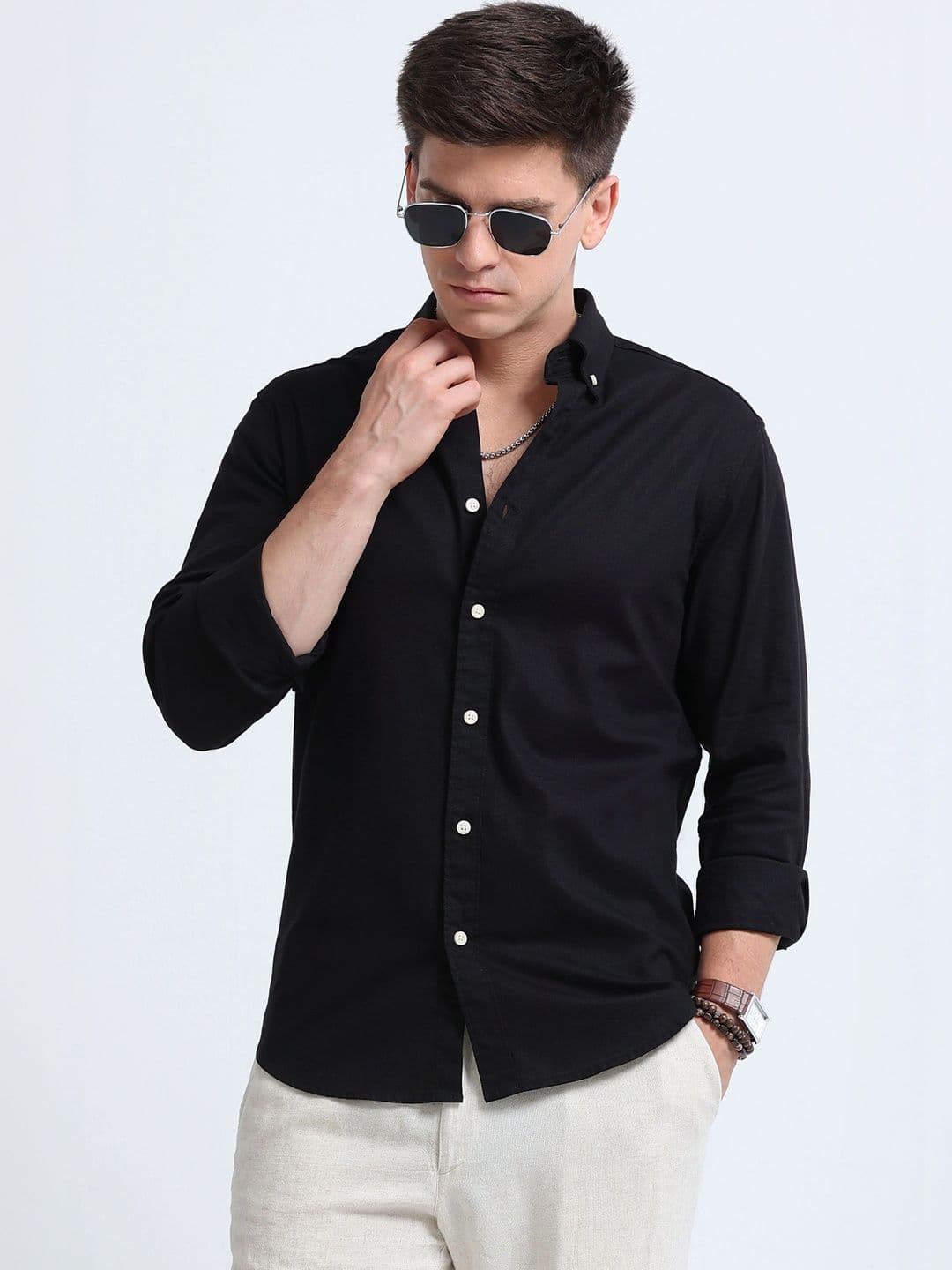 Blu MNKY Slim Fit Long Sleeves Black Casual Cotton Linen Shirt for Men - view 1