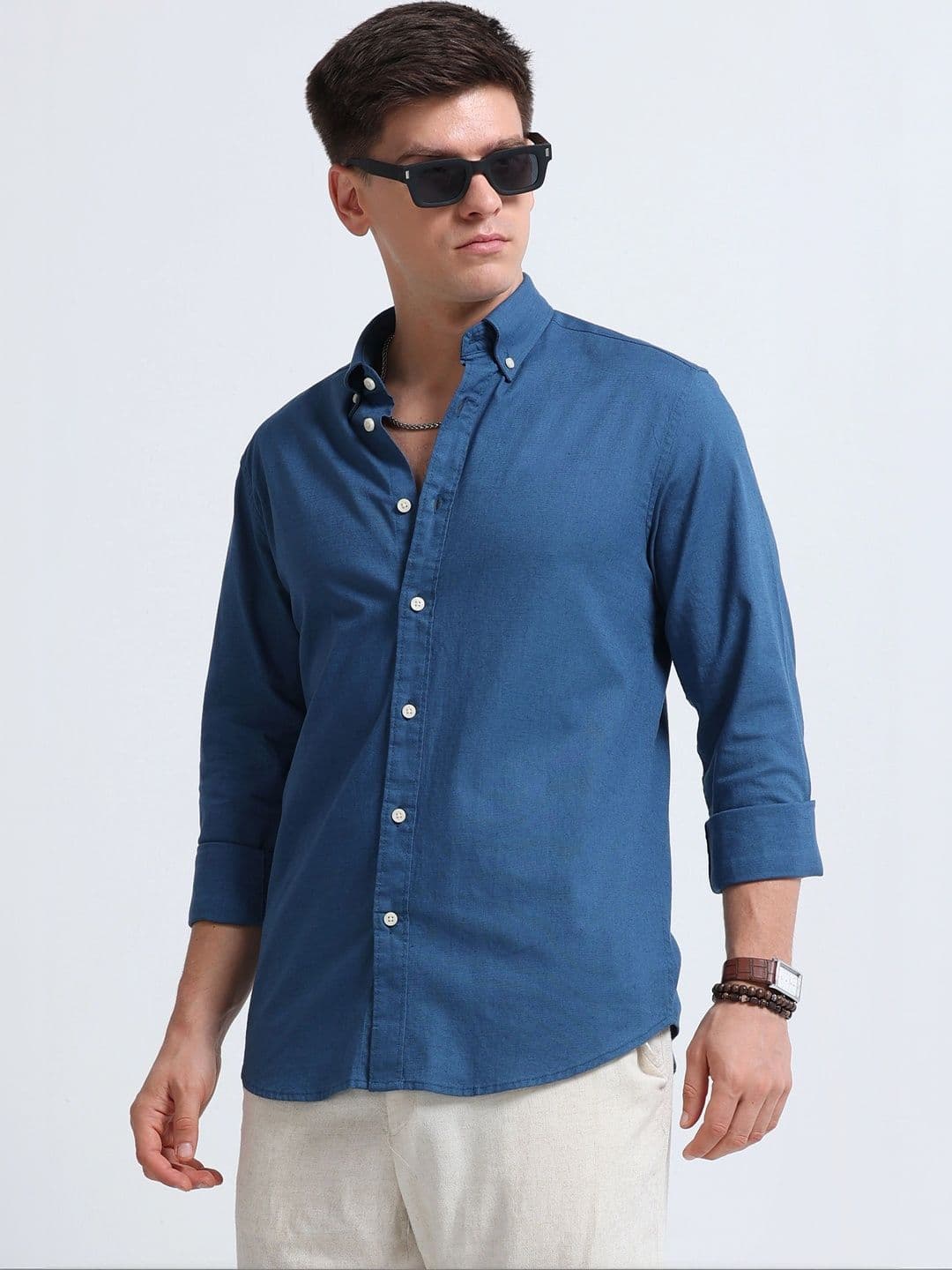 Blu MNKY Slim Fit Long Sleeves Blue Casual Cotton Linen Shirt for Men - view 1
