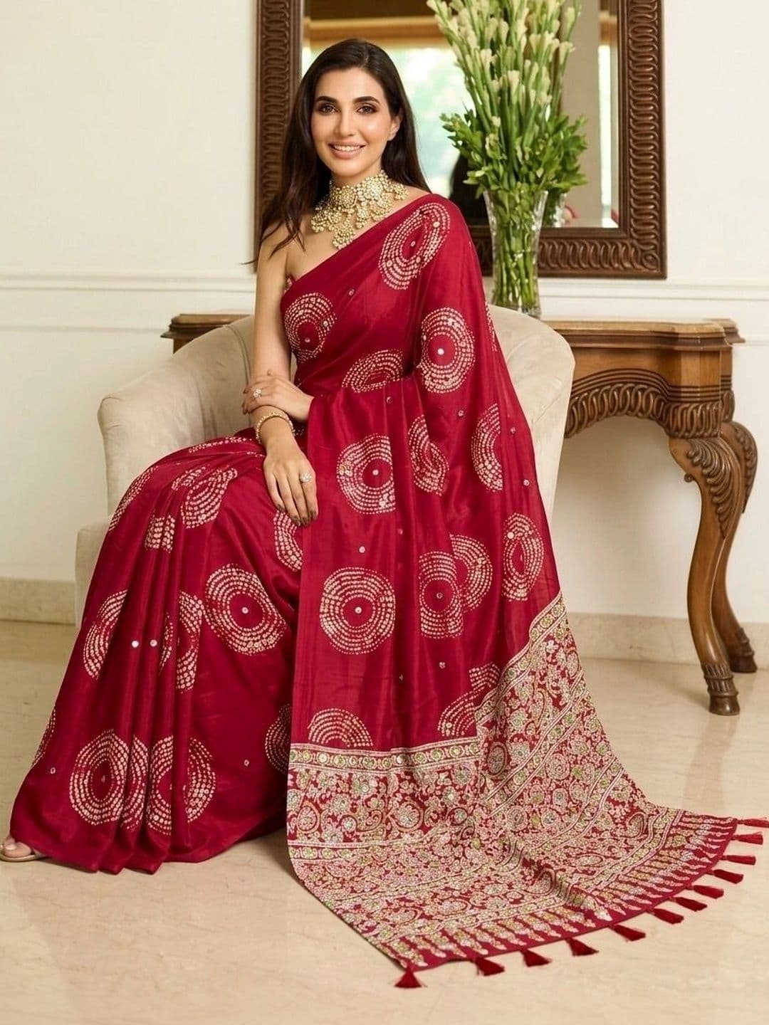 Sangria Embellished Embroidered Pure Chiffon Heavy Work Block Print Saree - view 1