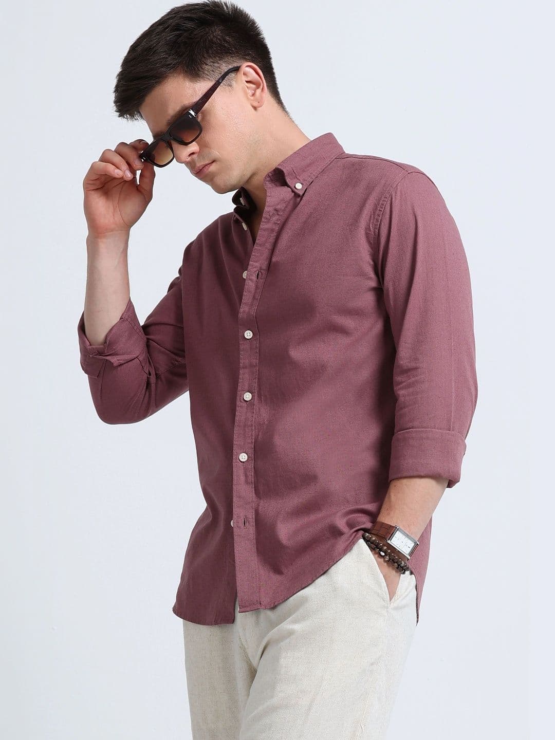 Blu MNKY Slim Fit Long Sleeves Pink Casual Cotton Linen Shirt for Men - view 1