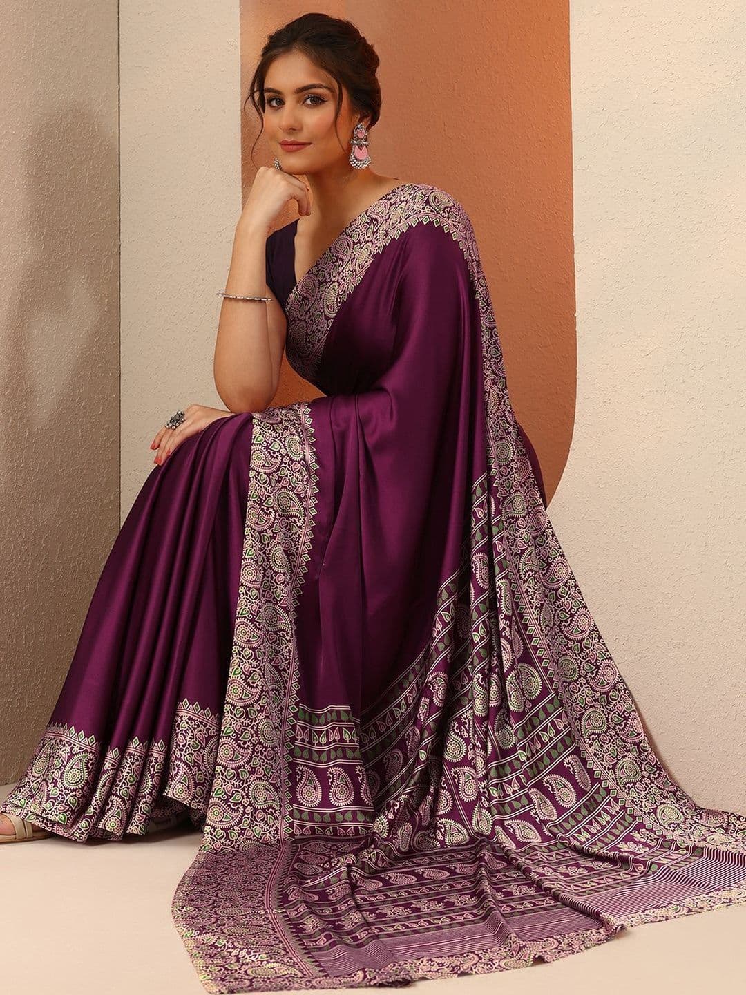 Libas Burgundy Solid Satin Saree With Unstitched Blouse Piece - view 1
