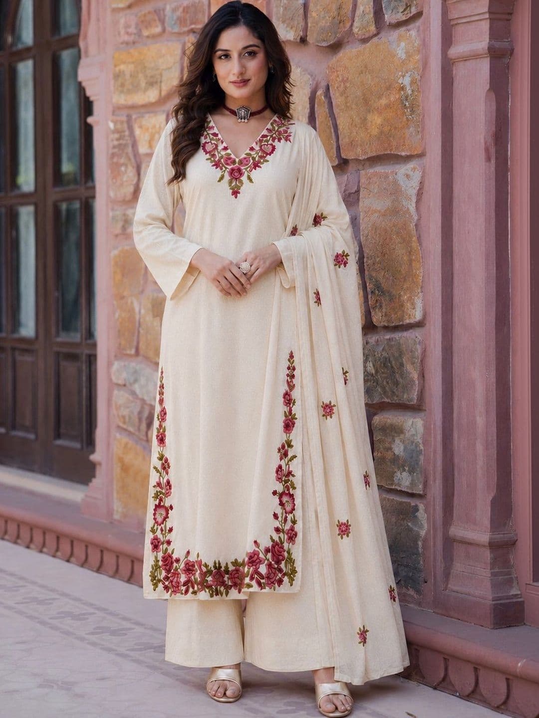 Moda Rapido Women Floral Embroidered Regular Thread Work Kurta with Palazzos & With Dupatta - view 1
