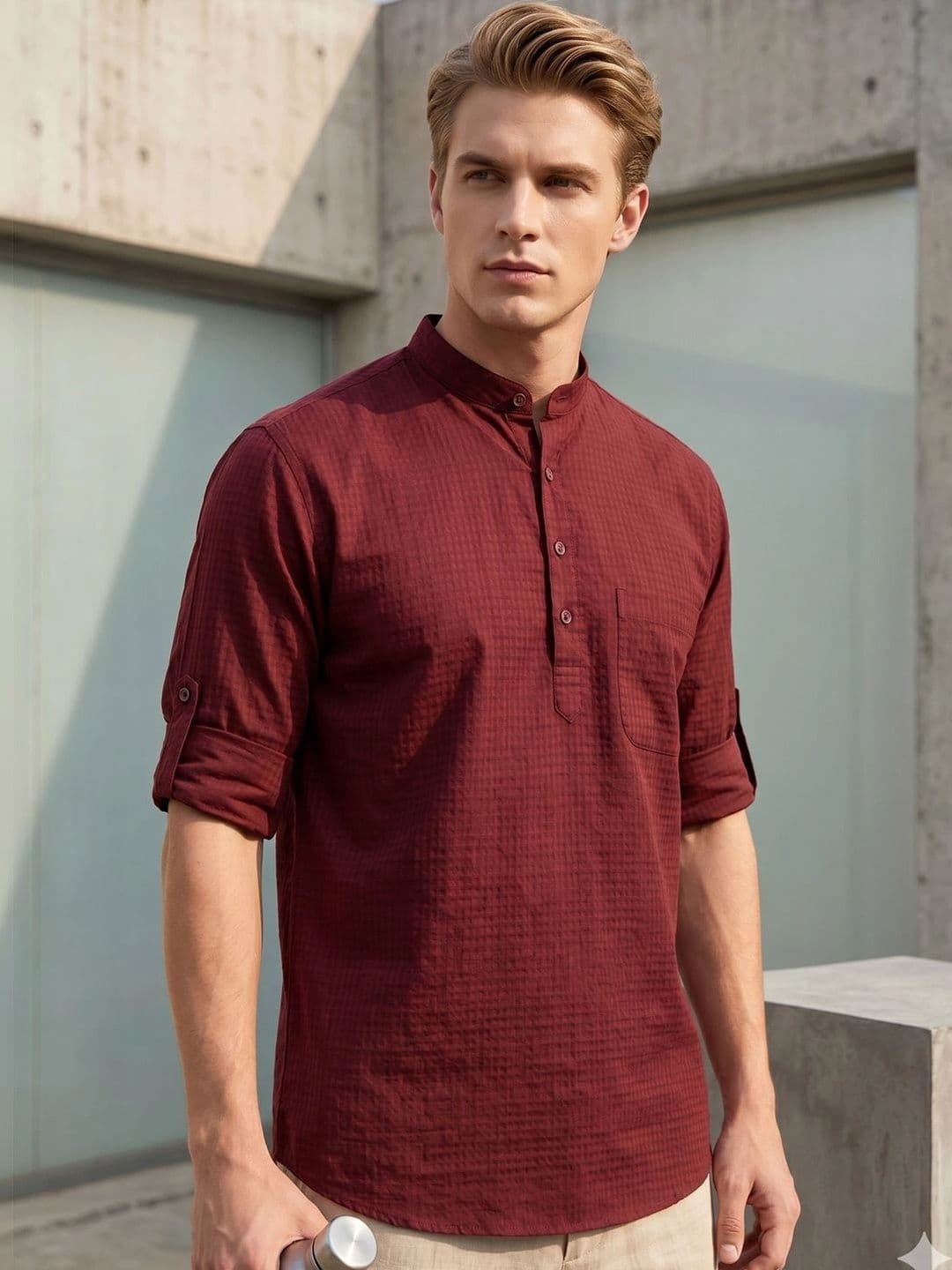 Hancock Geometric Woven Design Mandarin Collar Roll-Up Sleeves Pure Cotton Kurta - view 1