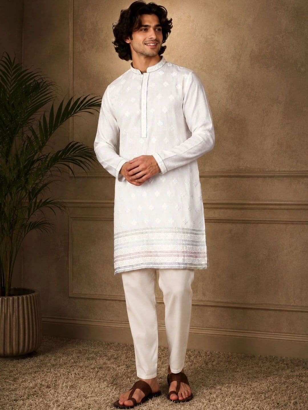 House of Pataudi Embroidered Viscose Rayon Mandarin Collar Knee Length Straight Kurta - view 1