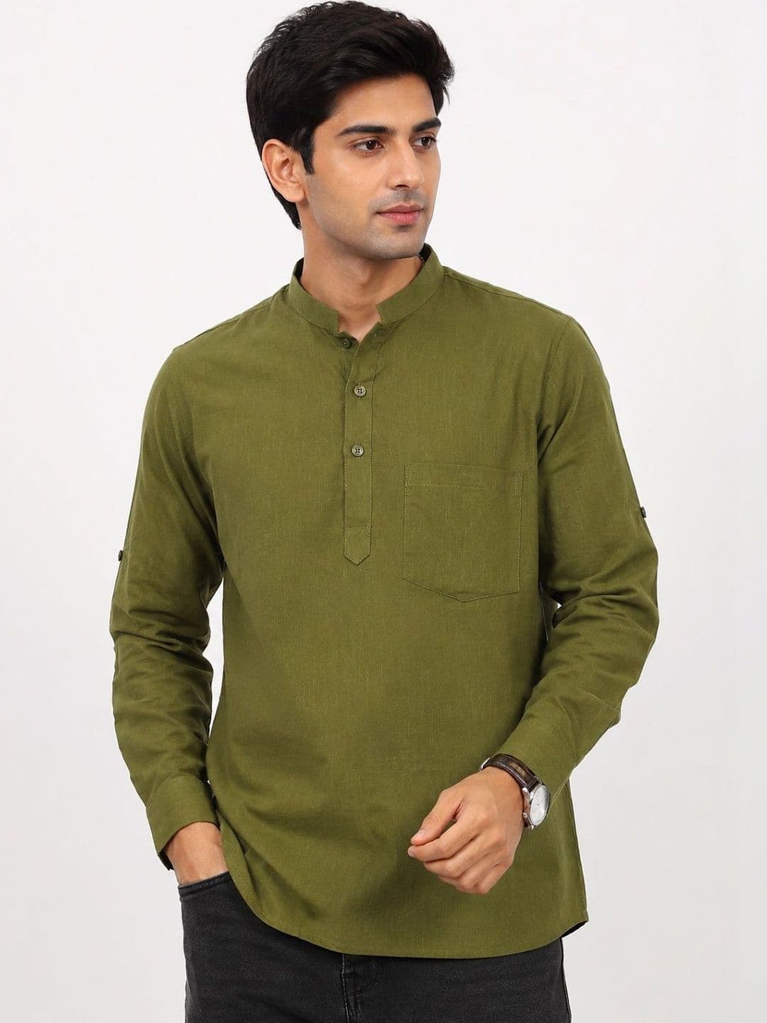 HERE&NOW Men Olive Green Short Kurta - view 1