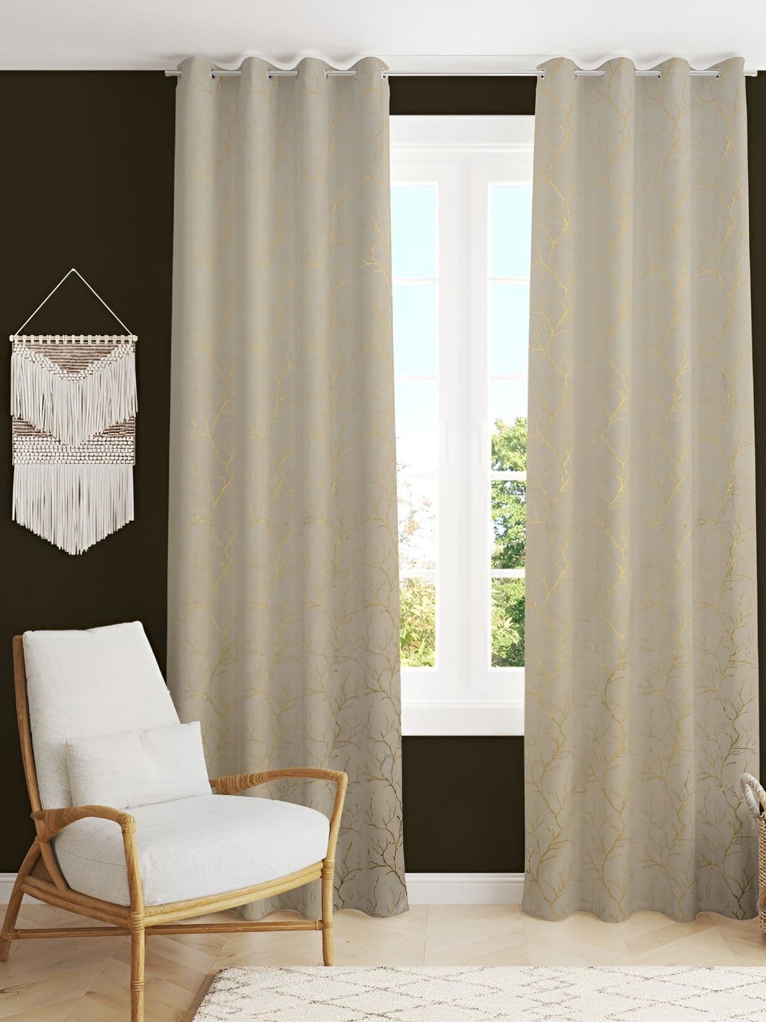 Aura Cream & Beige 2 Pcs Abstract Velvet Room Darkening Door Curtains - view 1