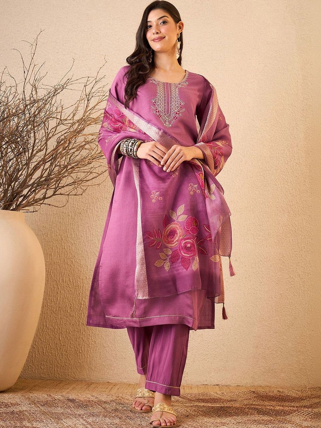 Royal Export Women Floral Embroidered Thread Work Kurta with Trousers & Dupatta - view 1