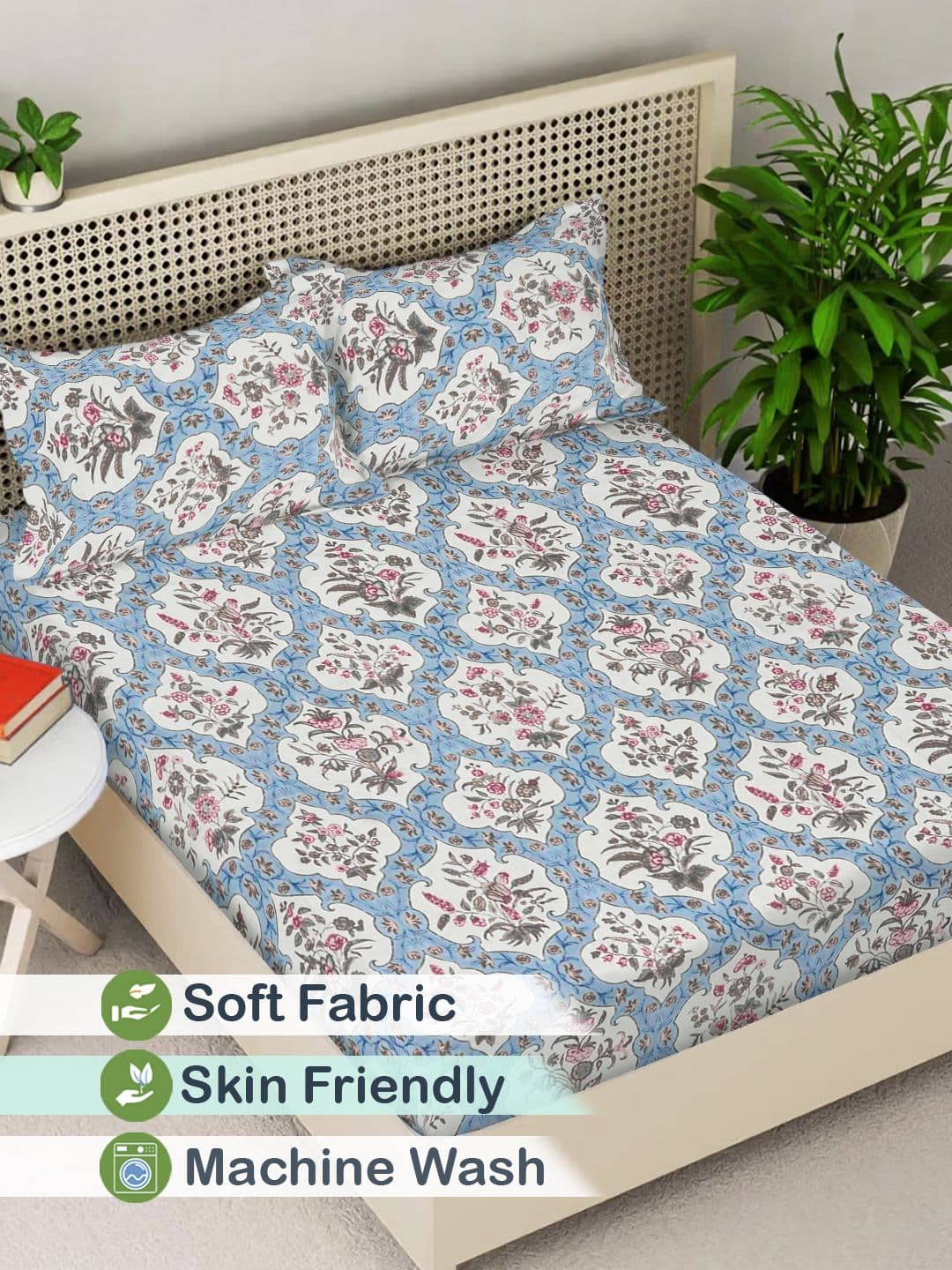 FABINALIV Blue Floral Polycotton 300 TC Fitted King Fine Bedsheet with 2 Pillow Covers-250 x 225 cm - view 1