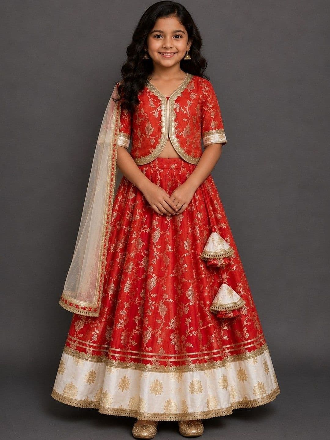 The Little Tales Girls Embellished Zardozi Ready to Wear Lehenga & Blouse With Dupatta - view 1