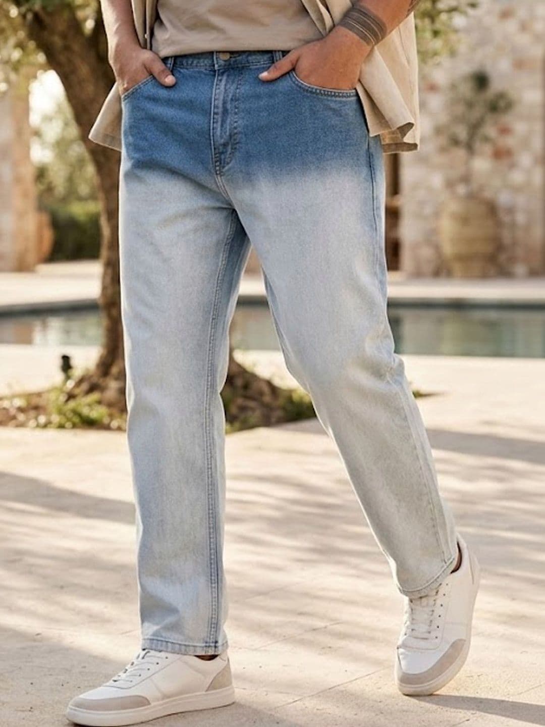 Urbano Plus Men Light Blue Straight Fit Heavy Washed Faded Denim Stretchable Jeans - view 1