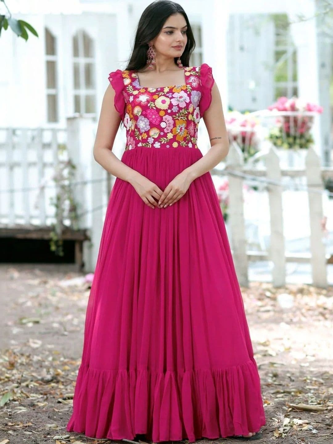 Sangria Embroidered Square Neck Fit & Flare Ethnic Dress - view 1