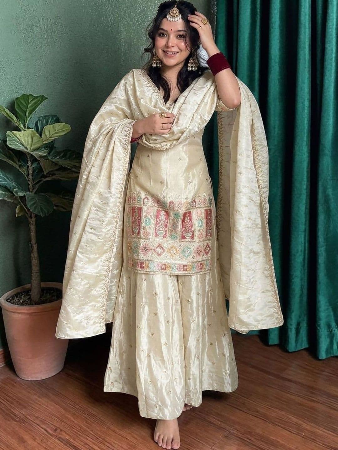 Moda Rapido Women Embroidered Regular Thread Work Pure Silk Kurta with Sharara & With Dupatta - view 1