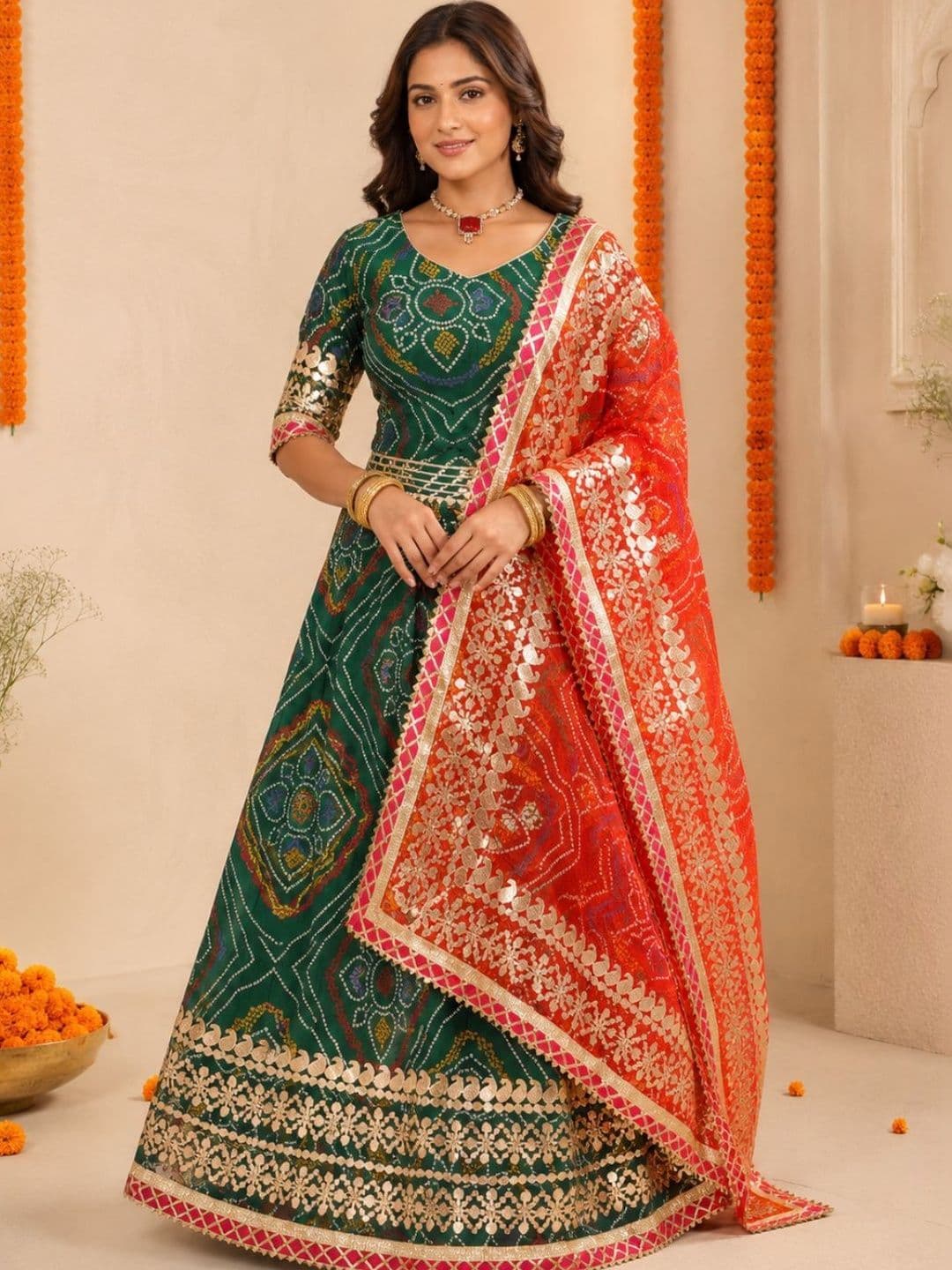 Avishya Embroidered Sequinned Tie and Dye Semi-Stitched Lehenga & Ready to Wear Blouse With Dupatta - view 1