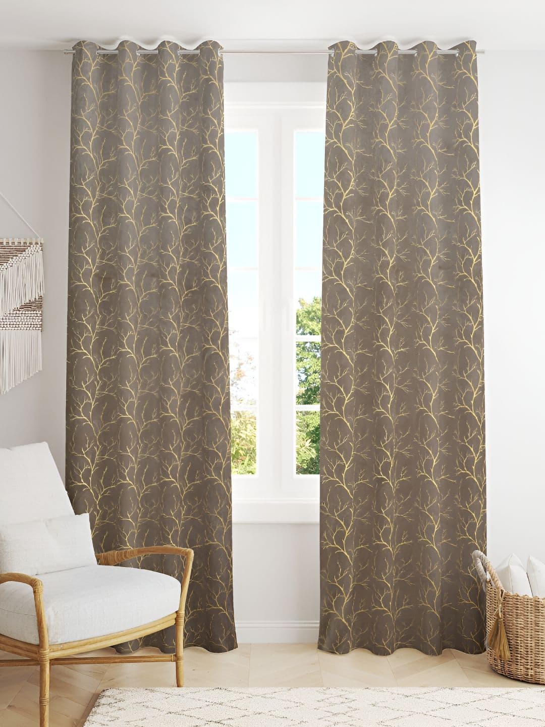 Aura Grey Melange & Gold-Toned 2 Pcs Velvet Floral Room Darkening Long Door Curtains - view 1