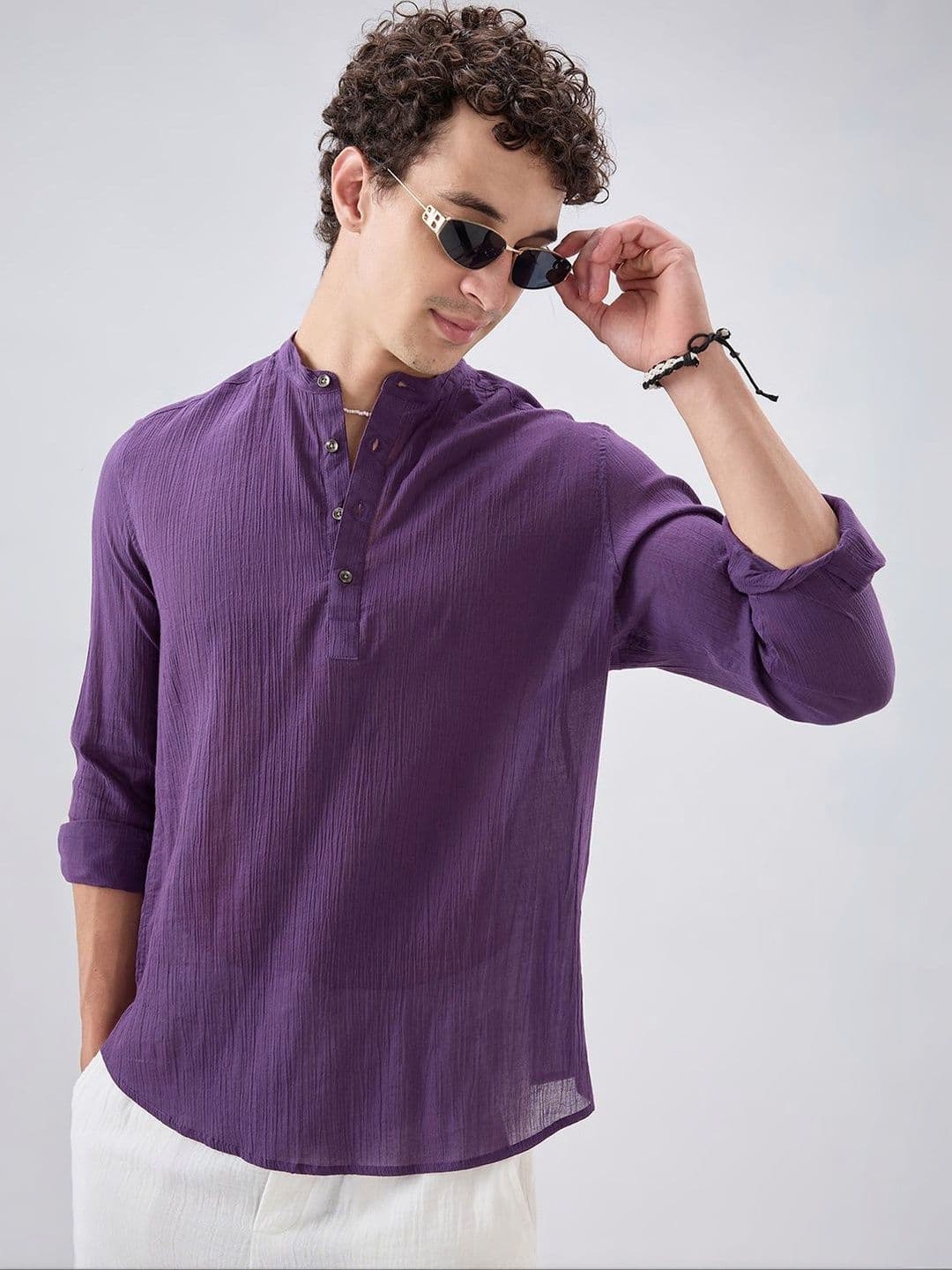 VASTRADO Sheer Luxury Purple Linear Crepe Kurta - view 1
