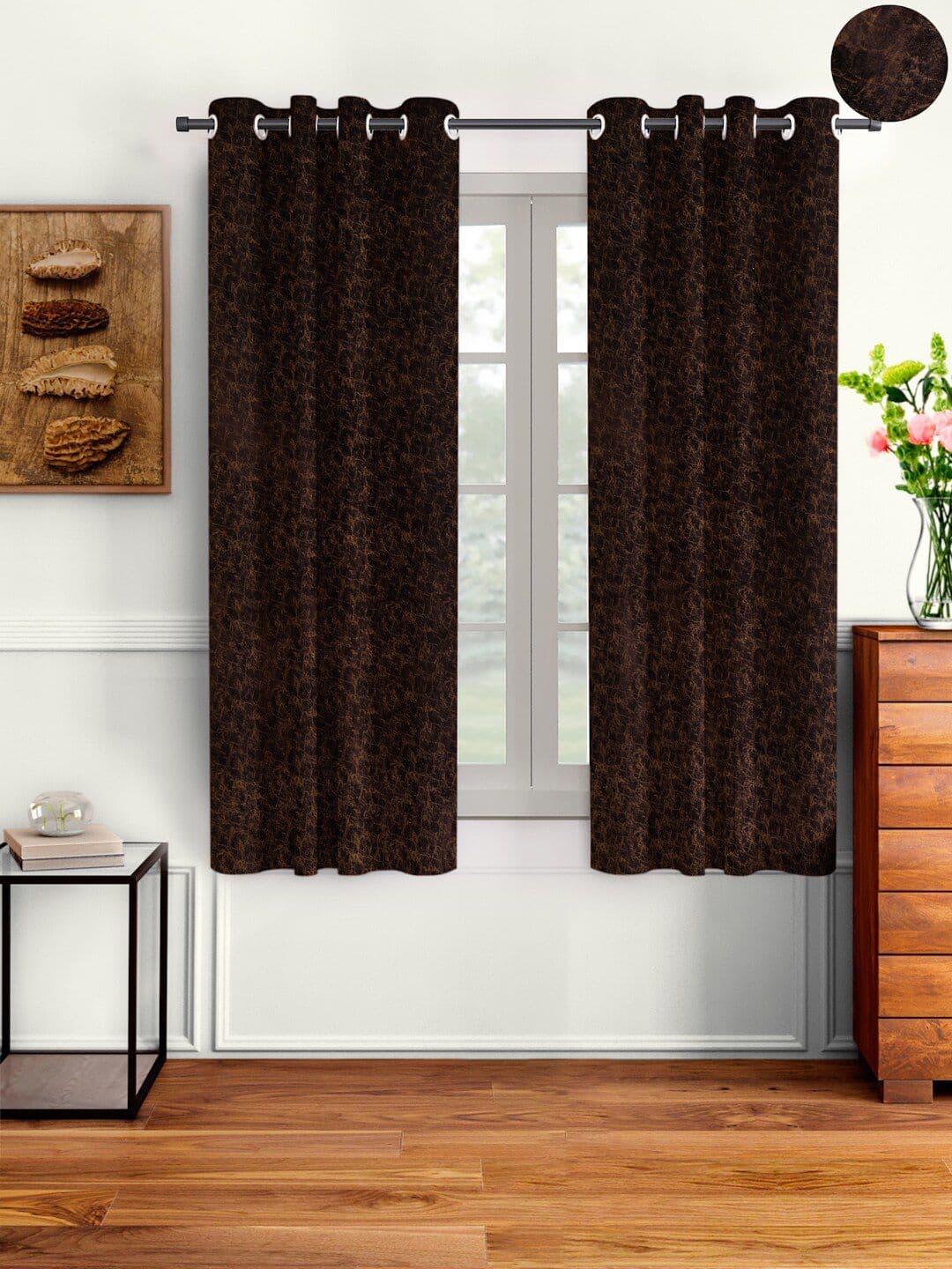 Cortina Brown Set of 2 Abstract Room Darkening Velvet Window Curtains - view 1