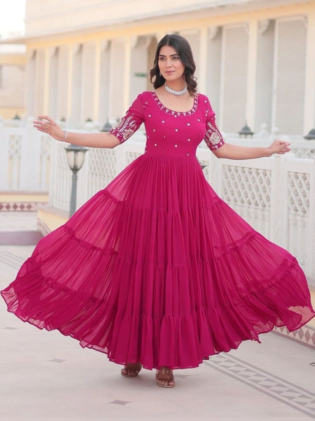 Sangria Floral Embroidered Flared Ethnic Dress - view 1