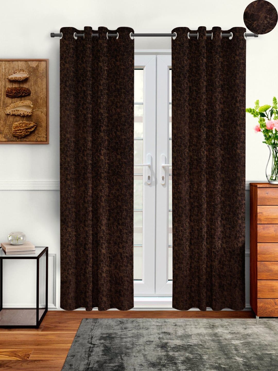 Cortina Brown Set of 2 Abstract Room Darkening Velvet Long Door Curtains - view 1