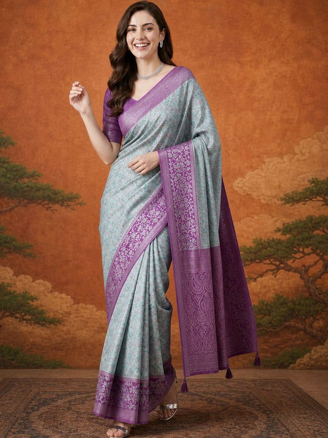 Sangria Ethnic Motifs Zari Silk Blend Handloom Kanjeevaram Saree - view 1
