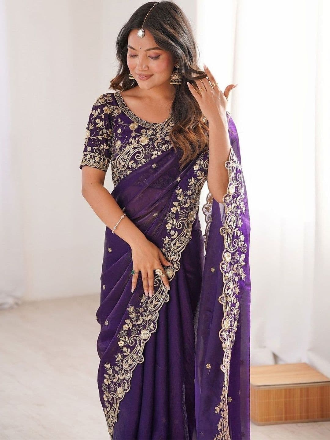 MARUTI CREATION Embellished Embroidered Pure Cotton Heavy Work Saree - view 1