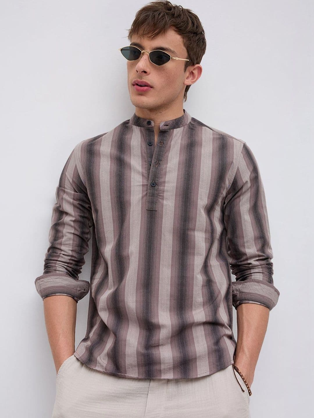 VASTRADO Ash Brown Multi Stripes Essential Kurta - view 1