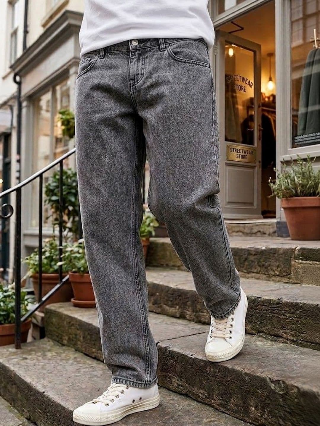 WOOMNY Men Wide Leg Mid-Rise Acid Wash Jeans - view 1