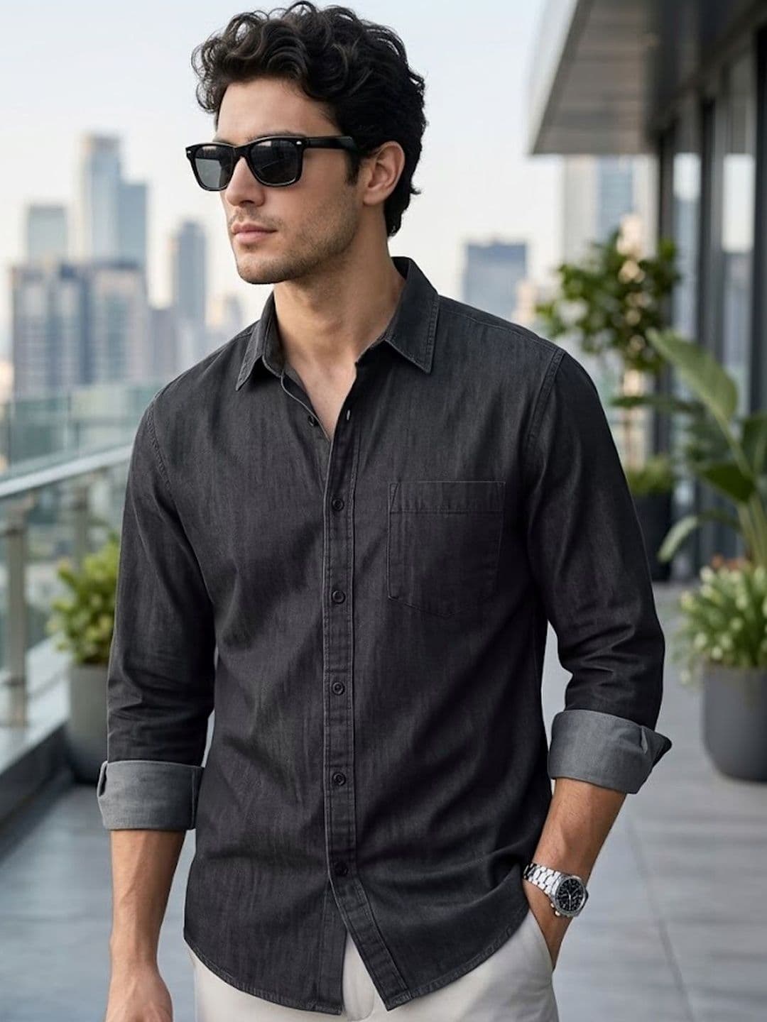 Urbano Fashion Men Black Regular Fit Full Sleeve Solid Denim Shirt - view 1