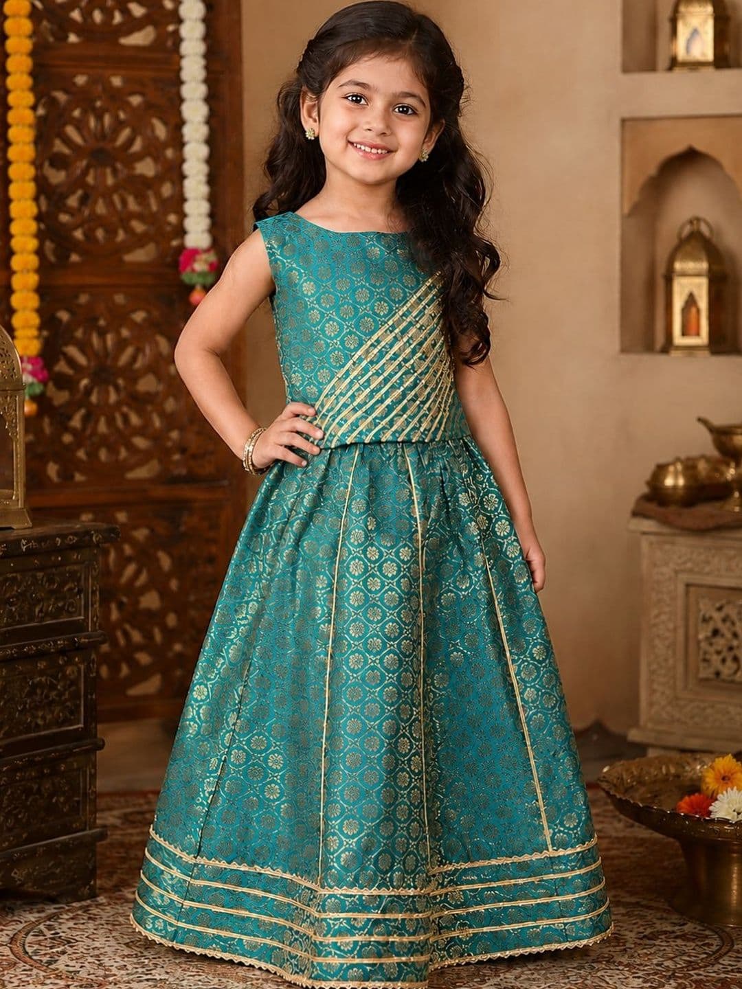 Superminis Girls Woven Design Gotta Patti Sleeveless Brocade Ready to Wear Lehenga & Choli - view 1