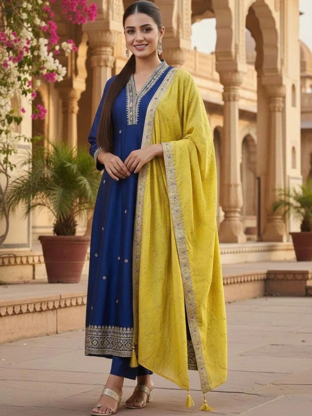 Lookmark Women Ethnic Motifs Embroidered Regular Thread Work Kurta with Trousers & With Dupatta - view 1