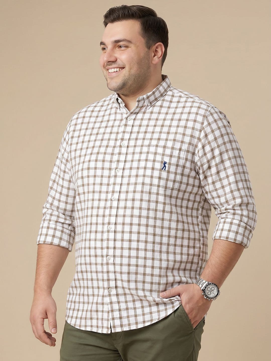 Thomas Scott Plus Size Gingham Checked Cotton Linen Casual Shirt - view 1