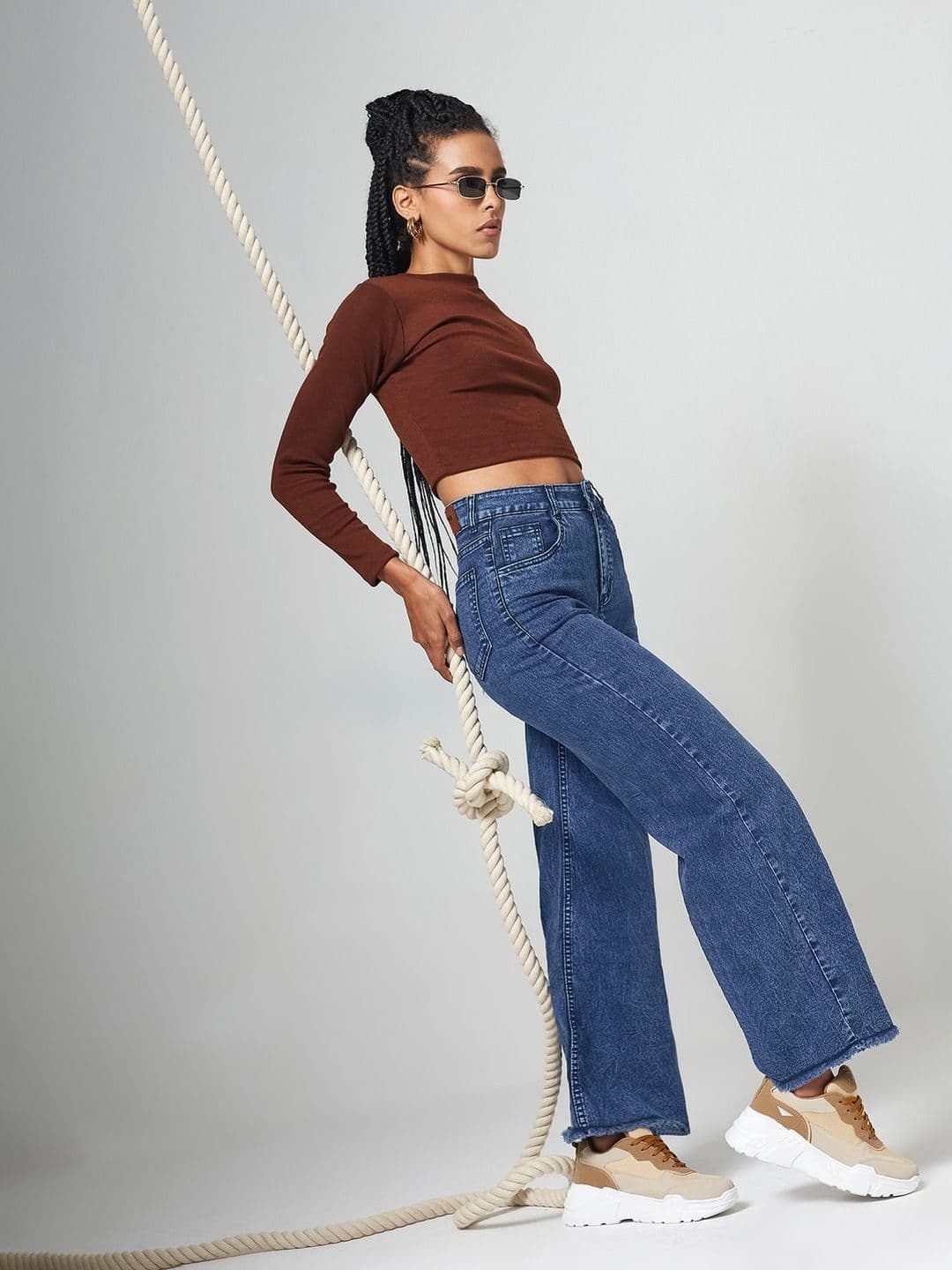 DOLCE CRUDO Women Wide Leg High-Rise Low Distress Light Fade Cuffed Hem Stretchable Jeans - view 1