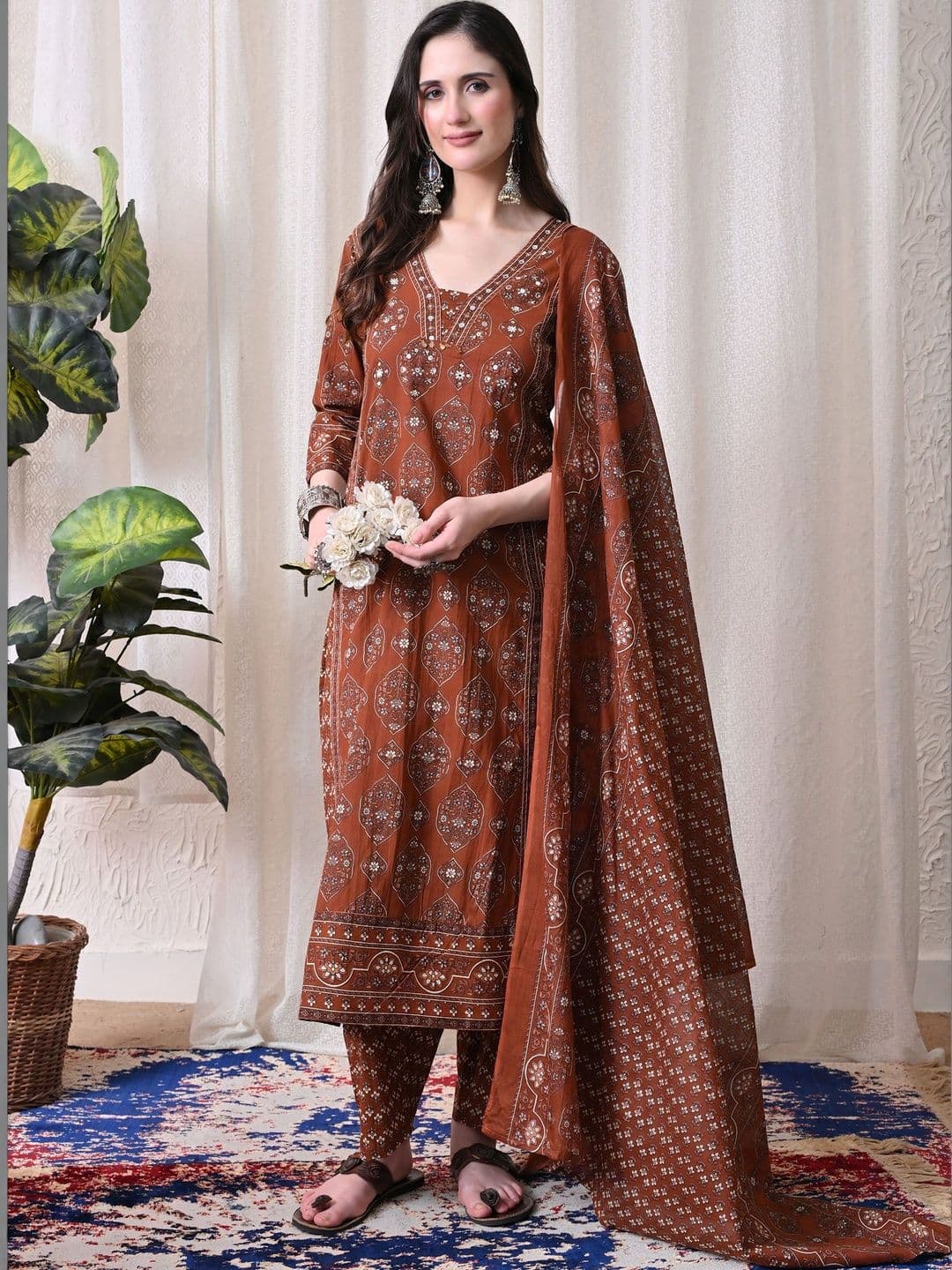 MEERA FAB Women Ethnic Motifs Printed Regular Pure Cotton Kurta with Trousers & With Dupatta - view 1