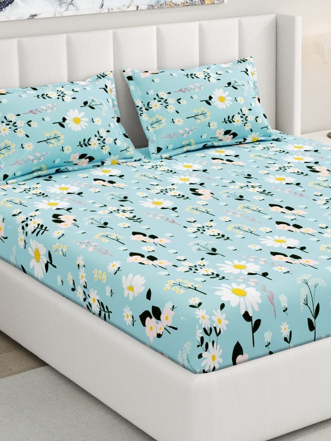 RIVERMOOR Blue Floral 200 TC King Bedsheet with 2 Pillow Covers - view 1