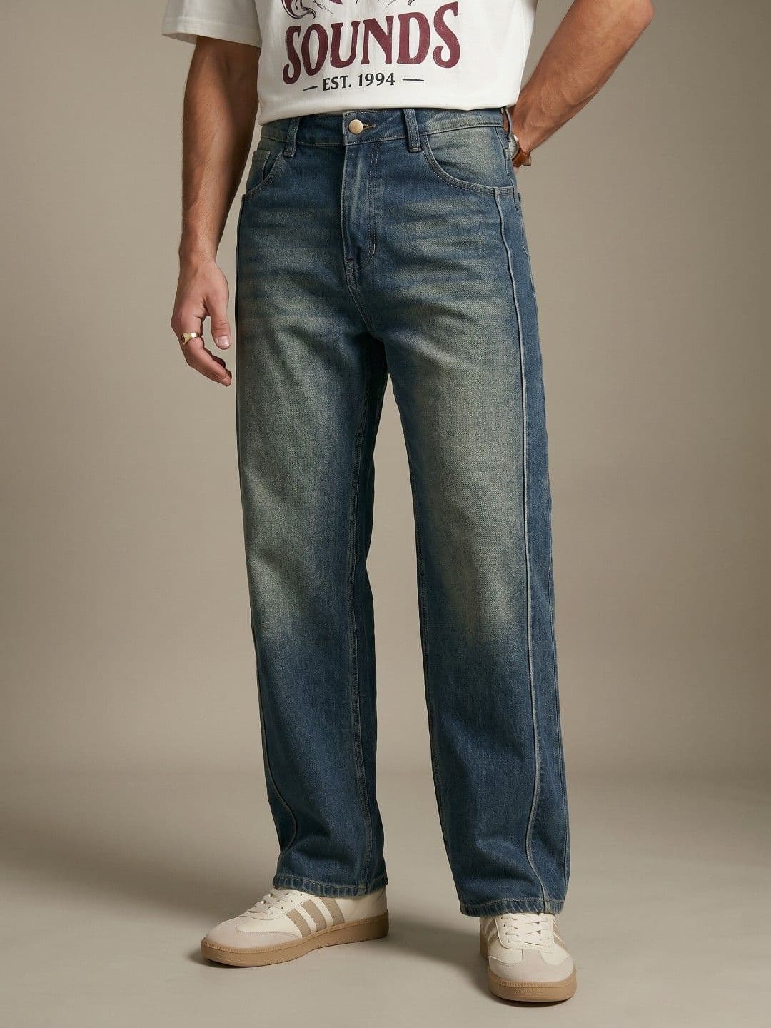 glitchez Men Baggy Fit Panelled Heavy Fade Stretchable Jeans - view 1