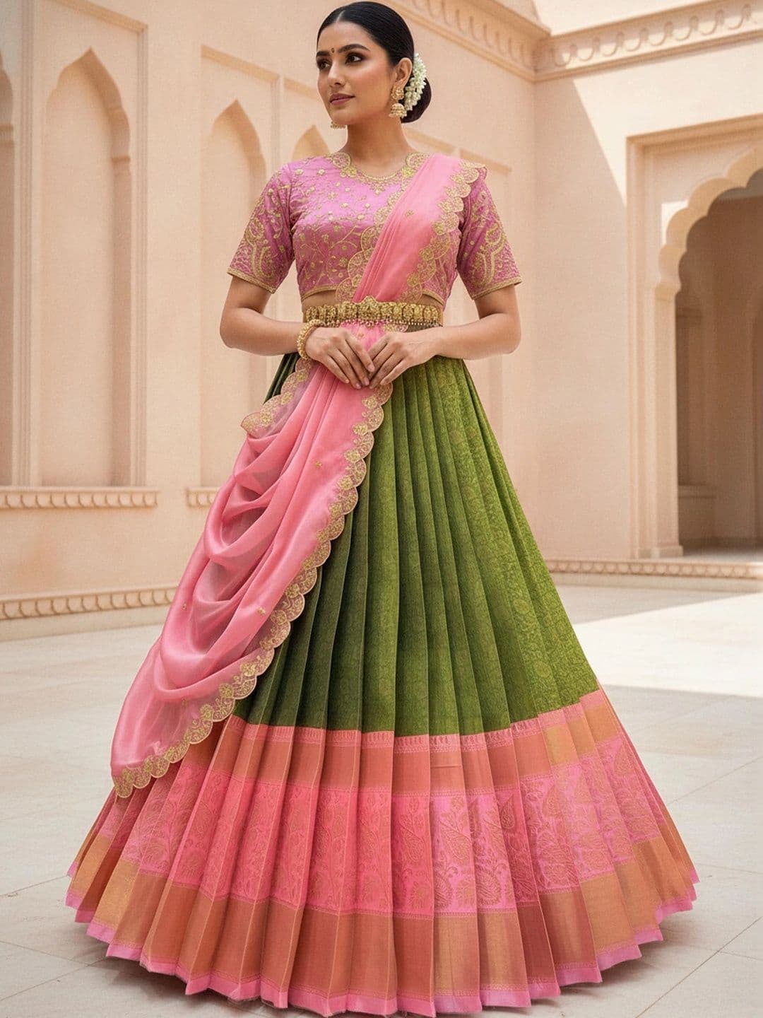 Pink Bindi Embellished Unstitched Lehenga & Blouse With Dupatta - view 1