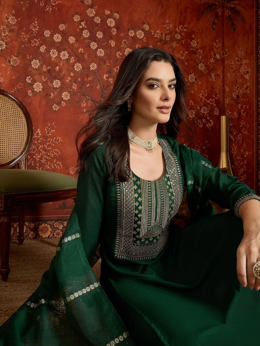 Sangria Women Ethnic Motifs Embroidered Regular Thread Work Kurta with Trousers & With Dupatta - view 1