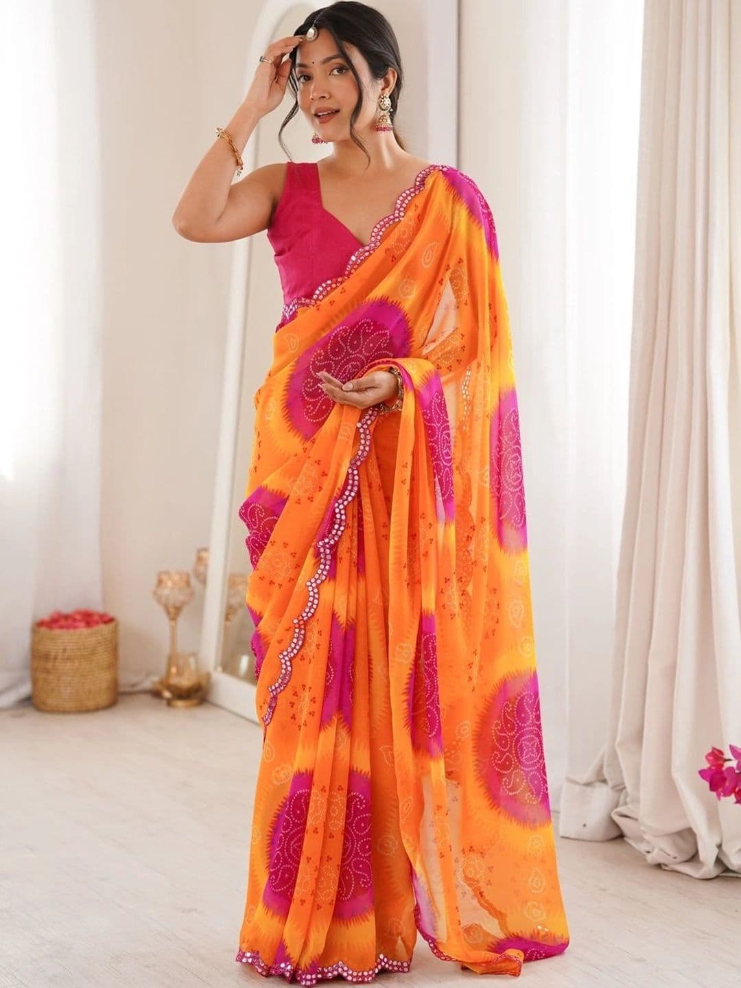 GAVESVARI Tie and Dye Poly Georgette Leheriya Saree - view 1