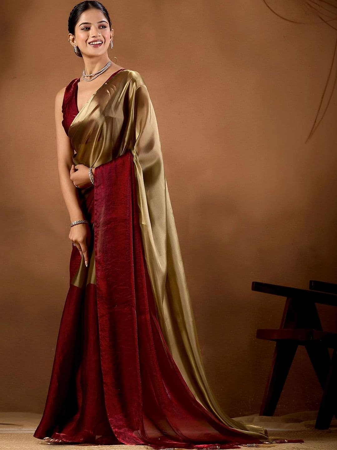 house of kk Women's Gold & Maroon Dual Tone Satin Saree with Patch Work - view 1