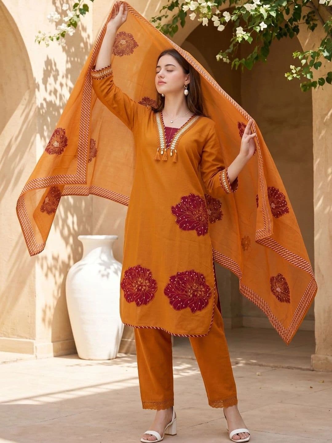Sangria Women Ethnic Motifs Embroidered Regular Thread Work Pure Cotton Kurta with Trousers & With Dupatta - view 1