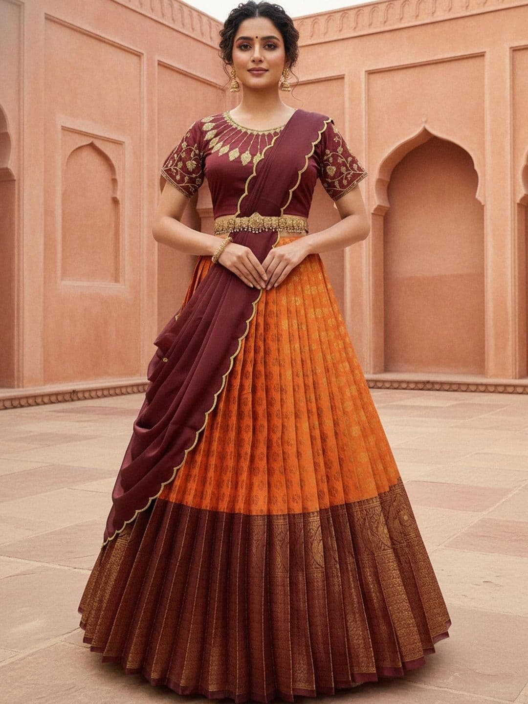 Pink Bindi Embroidered Sequinned Unstitched Lehenga & Blouse With Dupatta - view 1