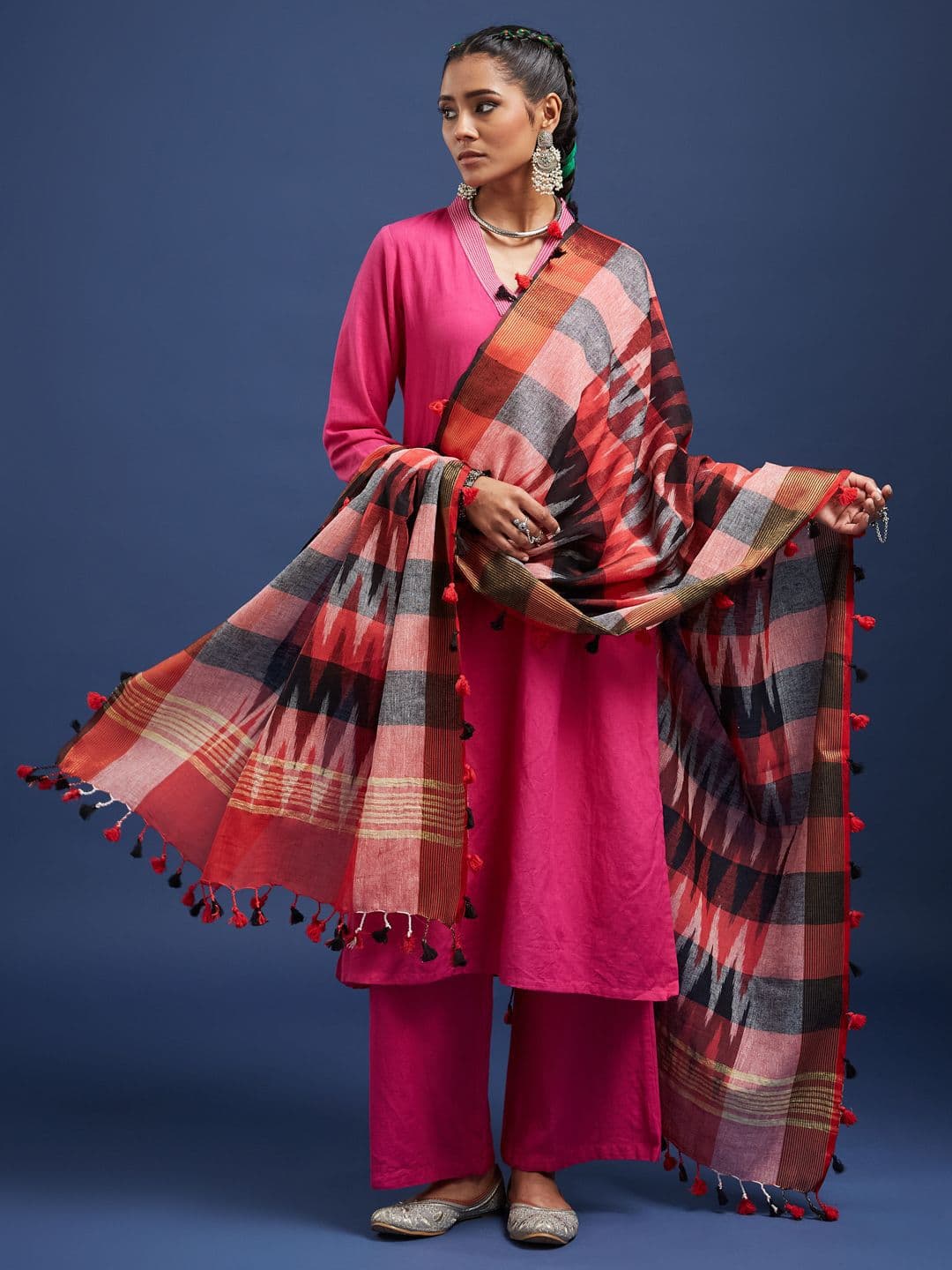Taavi Ikat Woven Design Pom Pom Edgings Dupatta - view 1