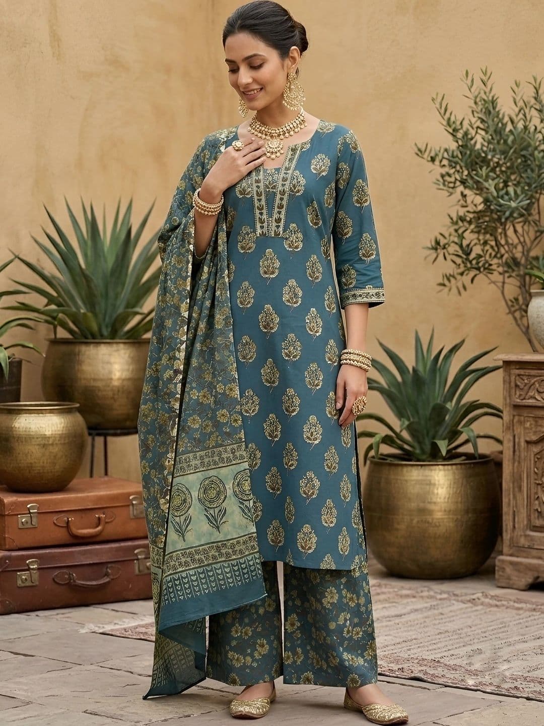 Nayo Women Ethnic Motifs Printed Regular Pure Cotton Kurta with Palazzos & With Dupatta - view 1